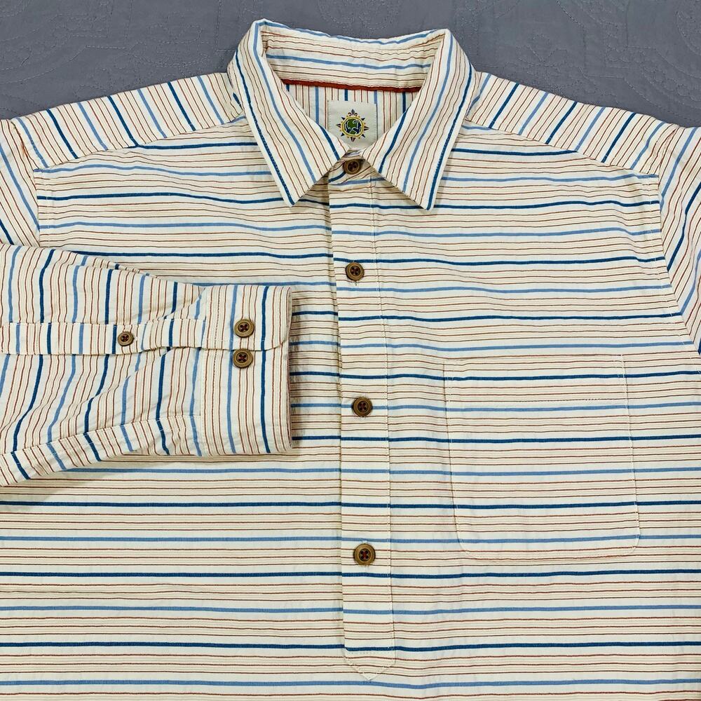 The‎ Territory Ahead Shirt Mens Large Henley Pullover Striped Cream Long Sleeve
